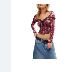 Free People Burgundy Floral Ruched Crop Top